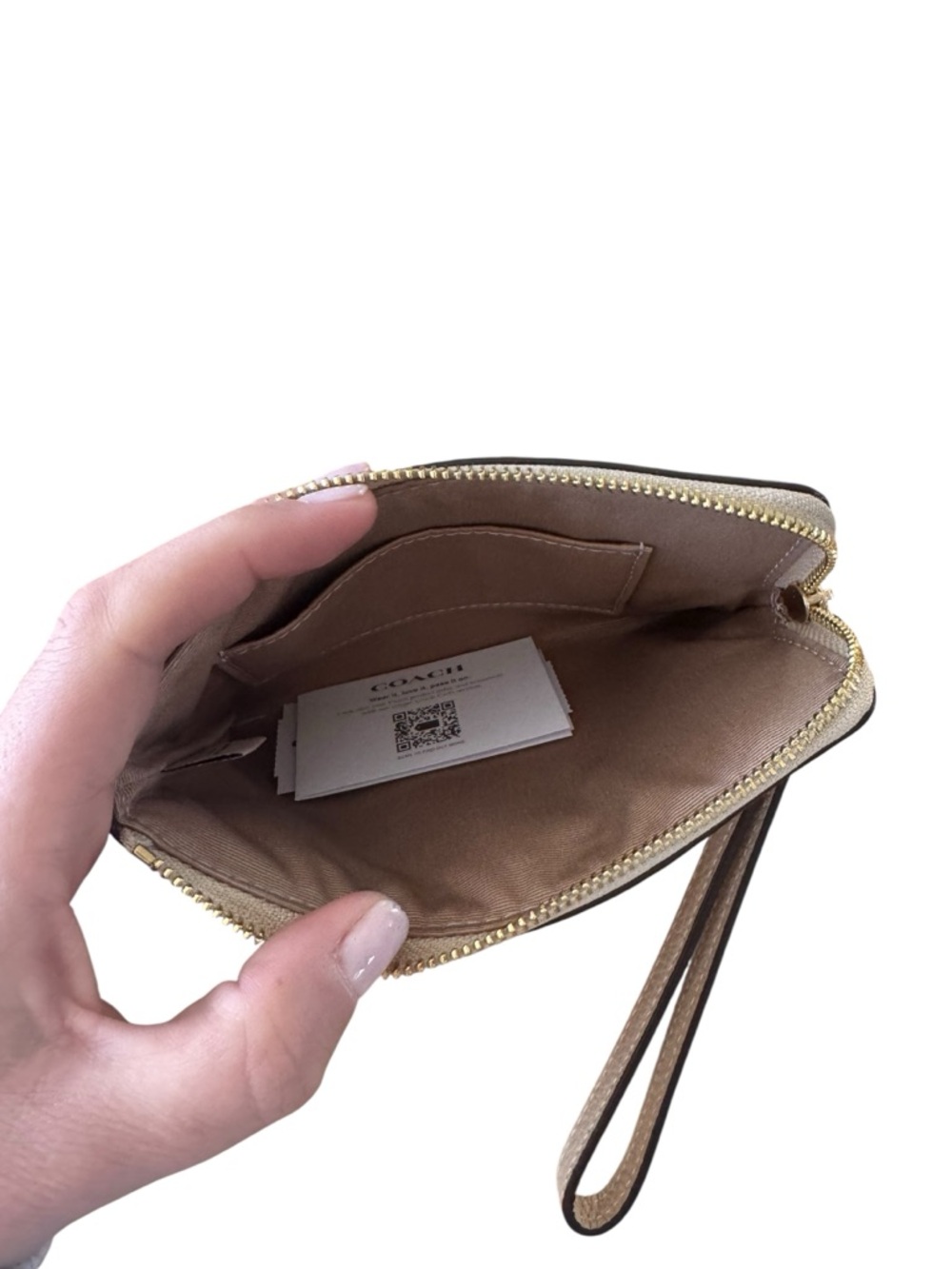 Coach Embossed Pebbled Leather Wristlet in Light Tan with Gold Logo - Picture 3 of 3